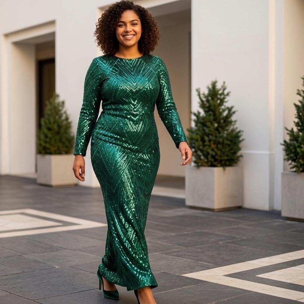 Emerald Green Sequin Geometric Chevron Maxi Dress Long Sleeve Mock Neck Gown